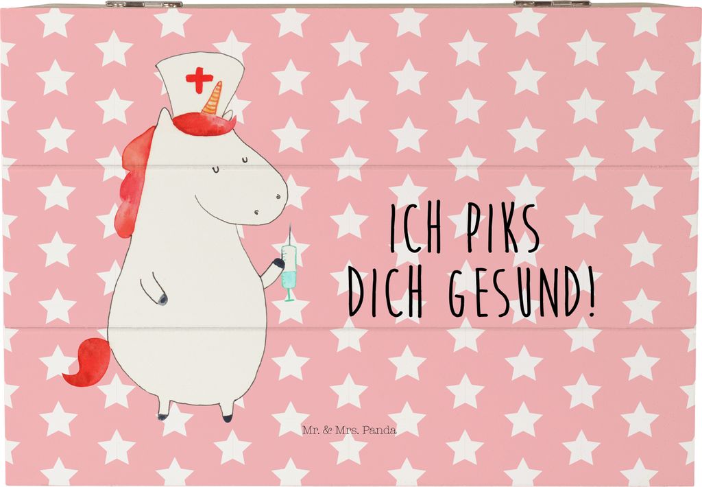 Mr. & Mrs. Panda Holzkiste Einhorn Krankenschwester 22 x 15 cm - Rot Pastell - Geschenk, schatztruhe, Kiste, Krankenpfleger, Ärztin, Unicorn, Gesc...