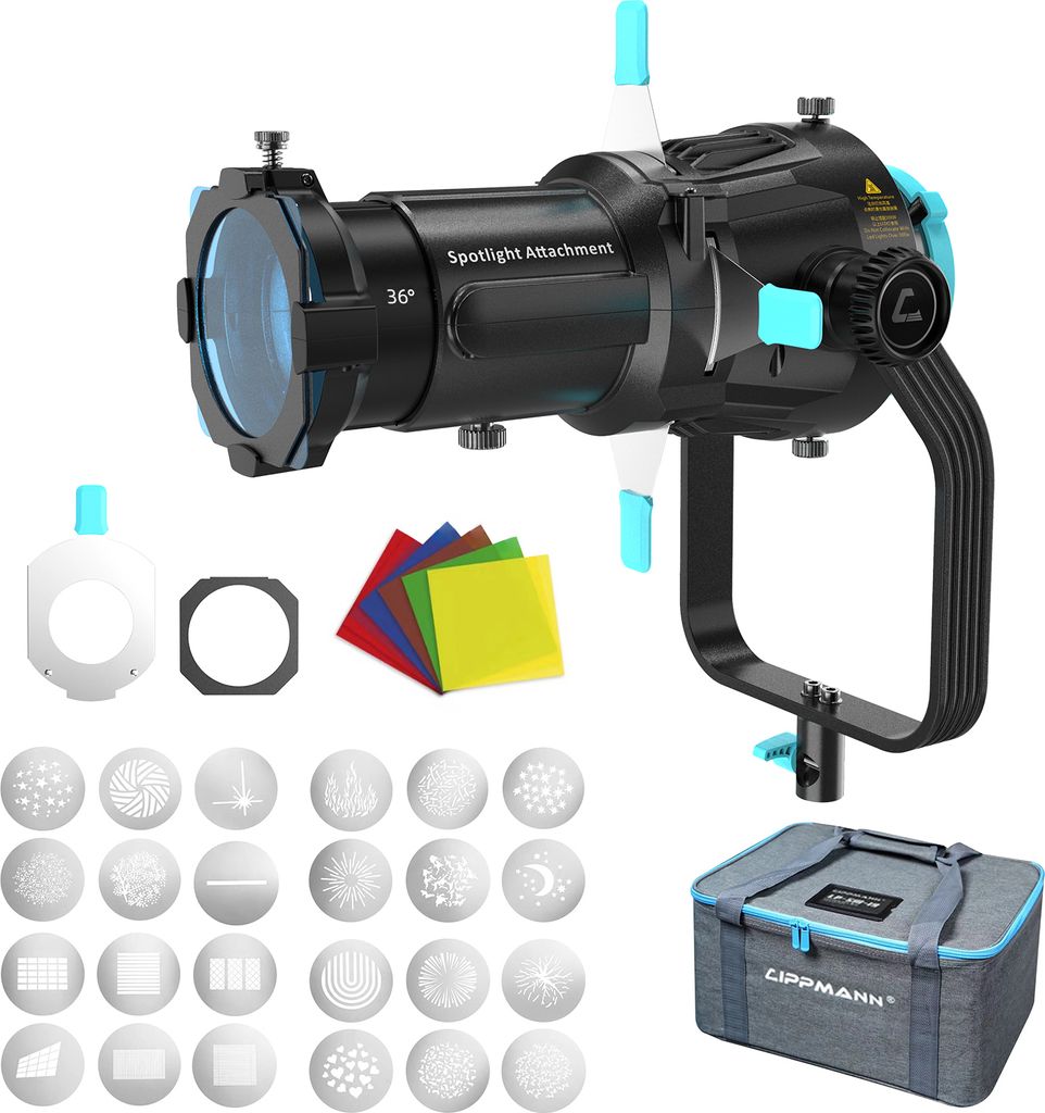 LIPPMANN Optical Spot Bowens Mount Conical Snoot Kit fuer LED-Dauerlicht-Blitzlicht mit 36¡ã-Projektionsobjektiv & 5 Stueck Farbgelen & 24 Stueck...
