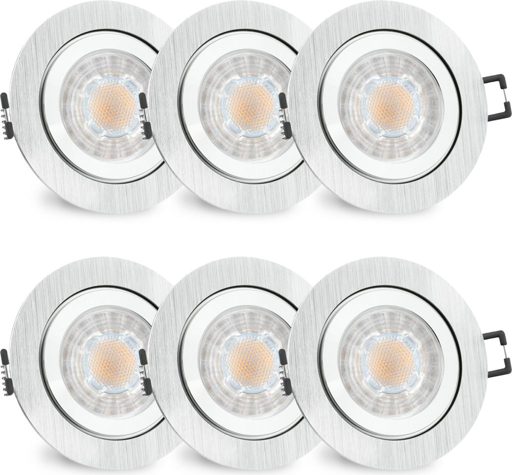 6er Set RW-2 Bad Einbaustrahler GU10 LED - mit wechselbarem LED GU10 6W warmweiß - 6x Spot rund IP44 Bad & Küche Alu gebürstet
