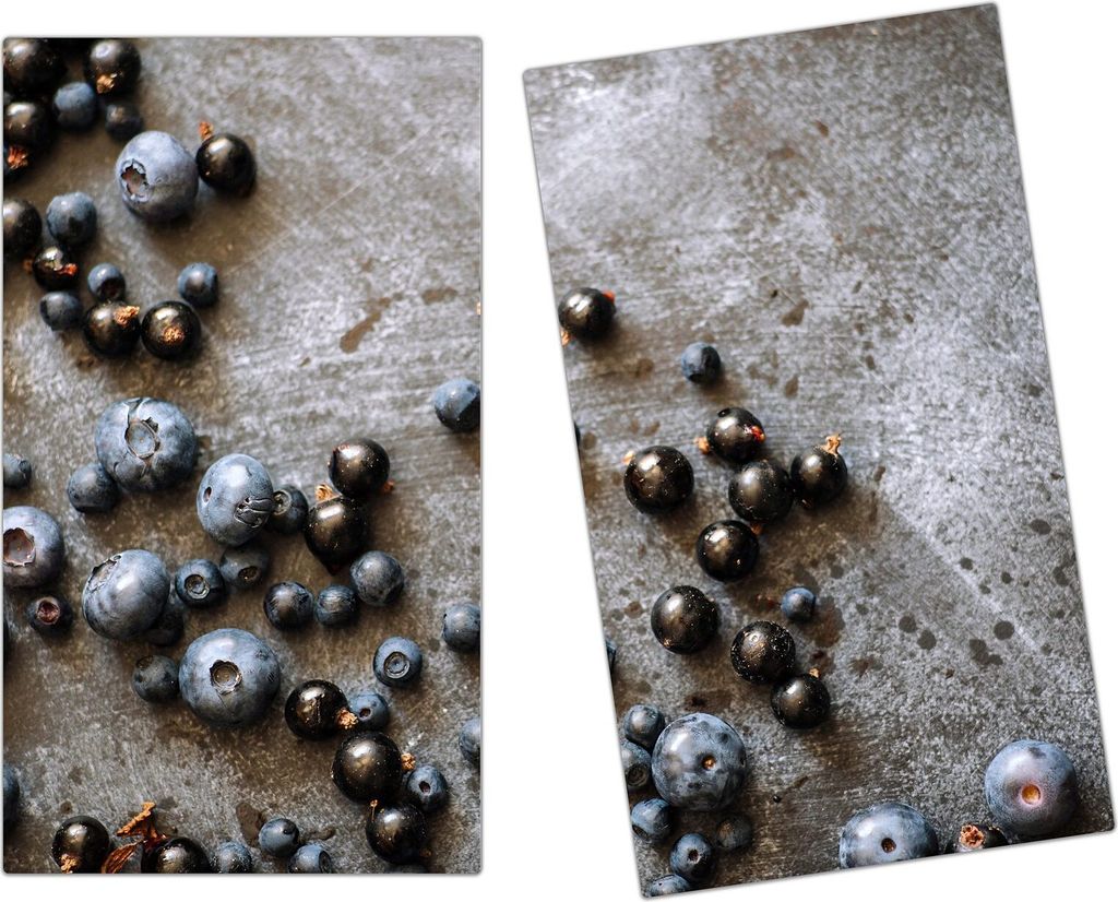 Spritzschutz Herdabdeckplatte Schneidebrett aus Glas Heidelbeeren auf Holz 2-Teilig (60x52cm)