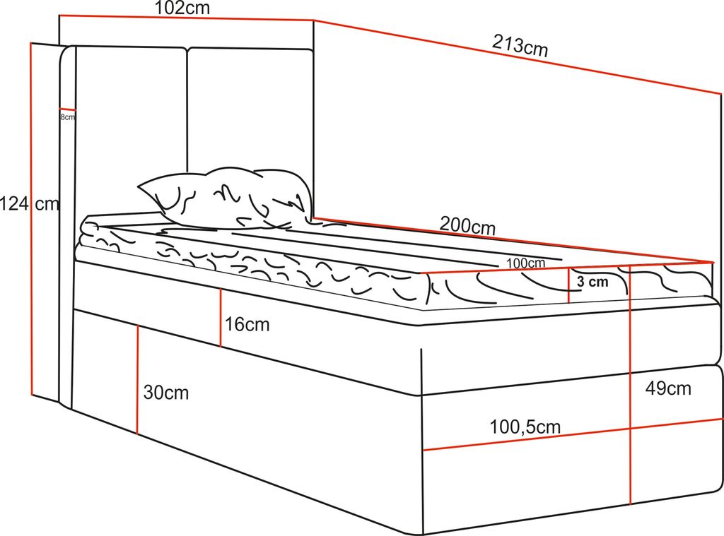 Boxspringbett Nero mit Bettkasten, 100x200, Farbe: Dunkelgrau, Cordstoff, Doppelbett mit Bonell-Matratze inkl. Topper