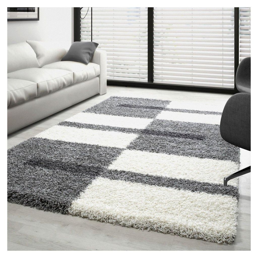 Hochflor Teppich - Wohnzimmer Shaggy Flokati Modern Kariert Design 120 x 170 cm Hellgrau - Schlafzimmer Weich Flauschig Waschbar - Küche Esszimmer...