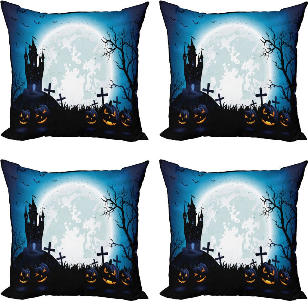 ABAKUHAUS Halloween Kissenbezug Set (4 Stück), Mond Pumpkins, Moderner Doppelseitiger Digitaldruck, 40 cm x 40 cm, Blau