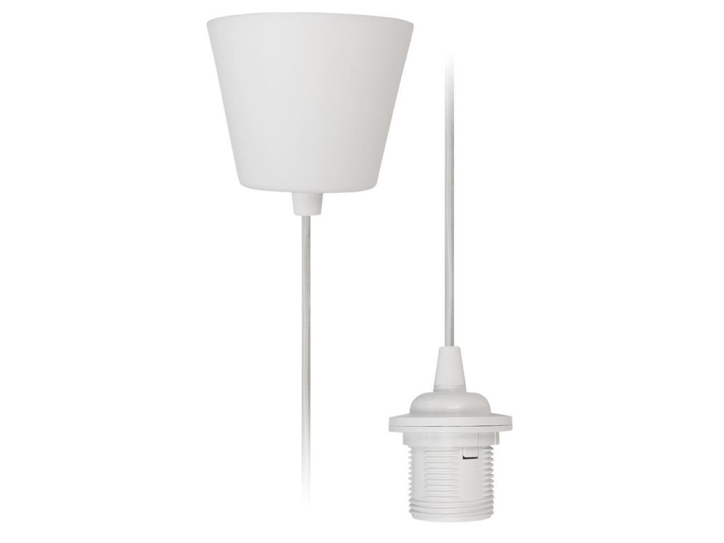 A white lamp suspension kit with a conical shade and an E27 socket on a white background.