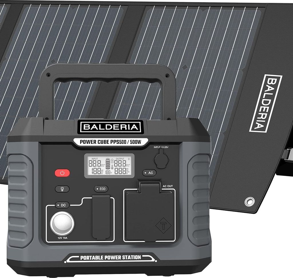 BALDERIA Power Set, tragbare Powerstation 500W mit faltbarem Solarpanel 120W