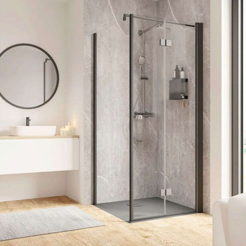 Duschtür mit Seitenwand und Drehfalttür SCHULTE Garant 2.0 ExpressPlus 90 x 90 cm Profil schwarz Klarglas schmutzabweisende Glasbeschichtung Tür...