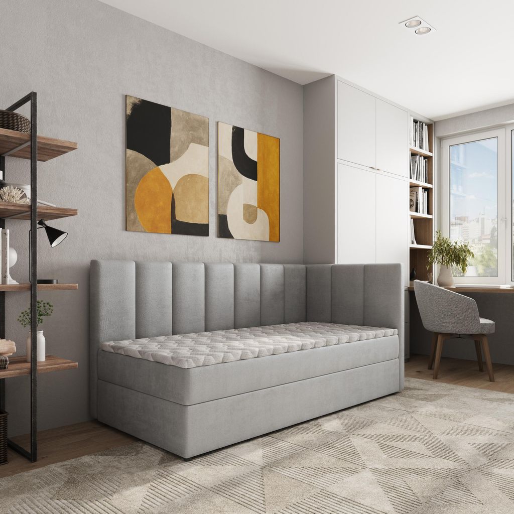Masseno Boxspringbett BEVE 100x200 cm Komplett-Set mit Bonell Matratze und Topper, Polsterbett mit Bettkästen -Hellgrau, PAROS 05