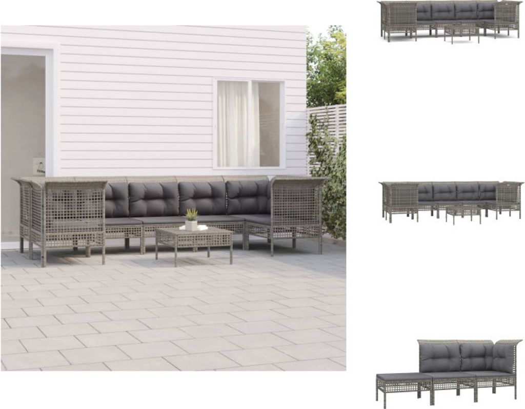 vidaXL 8-tlg. Garten-Lounge-Set mit Kissen Grau Poly Rattan - Gartenmöbel-Sets