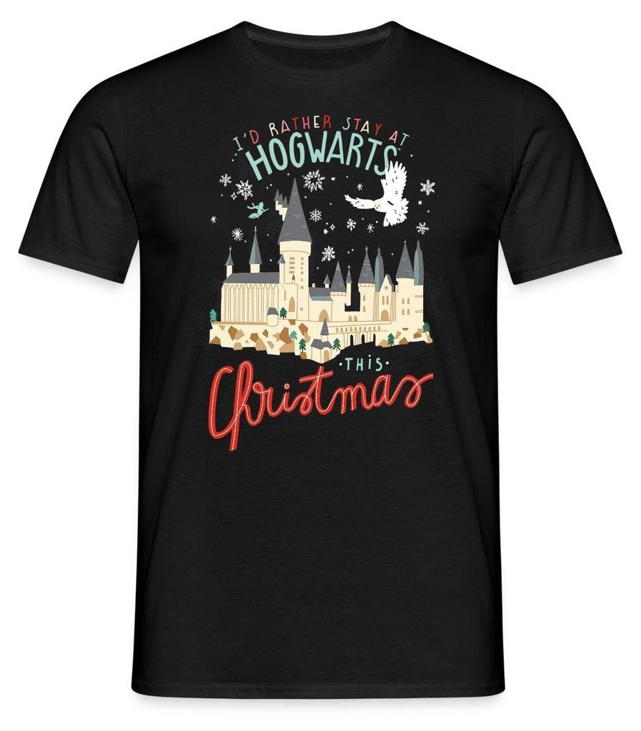 Spreadshirt Harry Potter Lieber In Hogwarts Bleiben Weihnachten Männer T-Shirt, L, Schwarz
