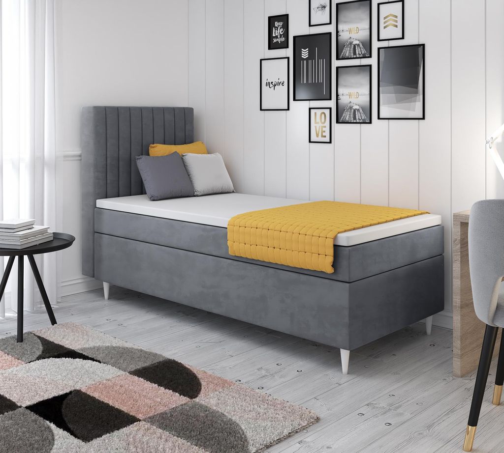 FurMeb24 Polsterbett HILTON - 100 x 200 cm - mit topper - Linke Seite - grau 182