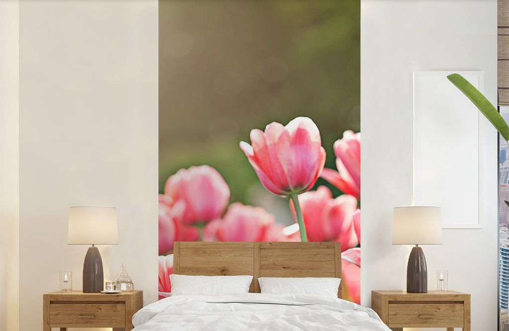 MuchoWow Fototapete für Wohnzimmer oder Schlafzimmer Wandtapete Vinyl Motivtapete Tulpen - Sonne - Frühling - 120x240 cm - Hintergrundbild