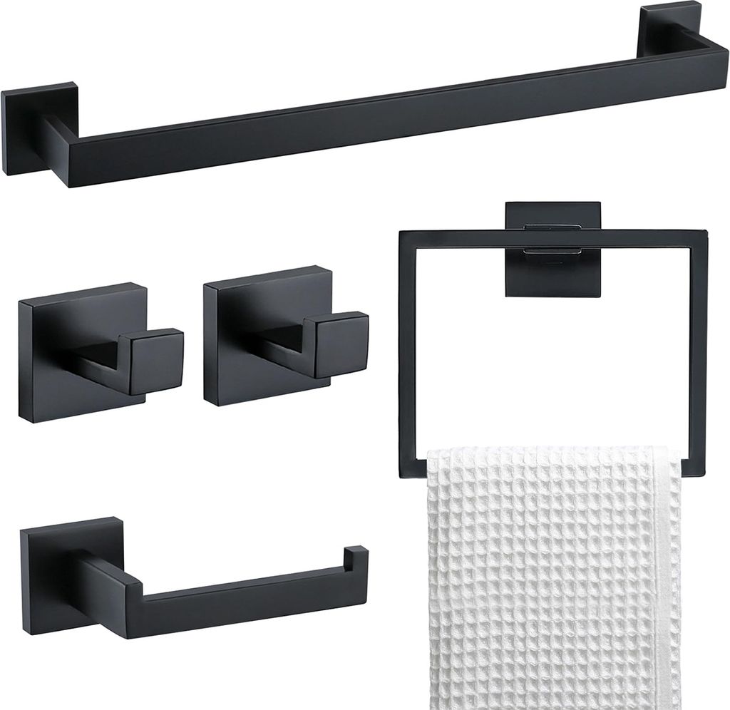 5-teiliges badezimmer-set – 60 cm handtuchhalter aus edelstahl, schwarz, wandmontage, inkl. handtuchstange, handtuchring und toilettenpapierhalter