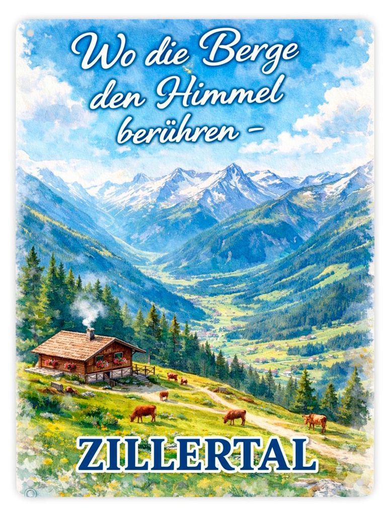 Wo die Berge den Himmel berühren Metallschild XXL in 28x38 cm - Zillertal