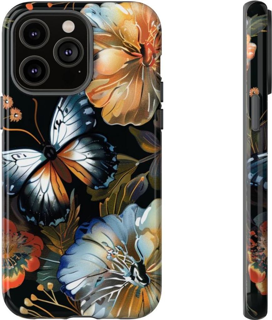 Schmetterlinge und Blumenmuster auf Schwarz – Hülle Kompatibel mit iPhone 14 Pro Max