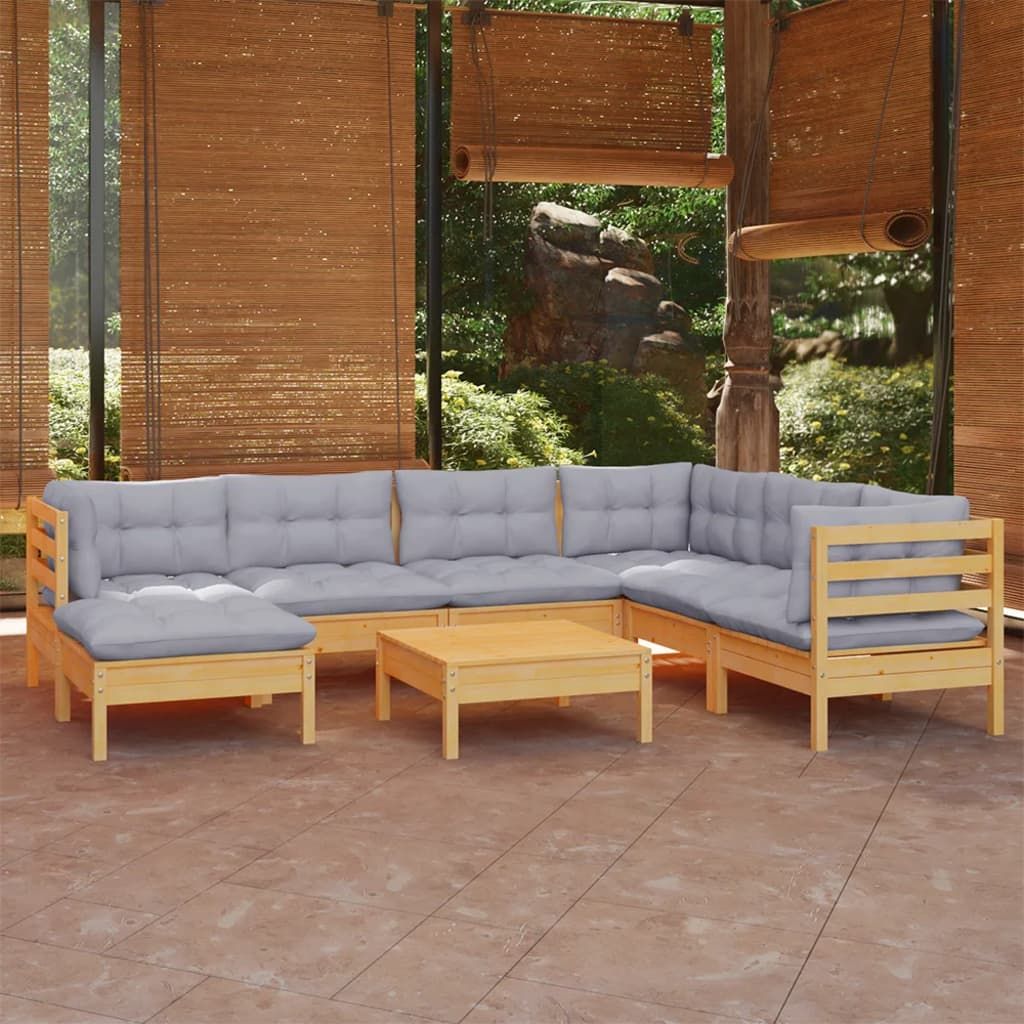 The Living Store 8-tlg. Garten-Lounge-Set mit Grauen Kissen Kiefer Massivholz