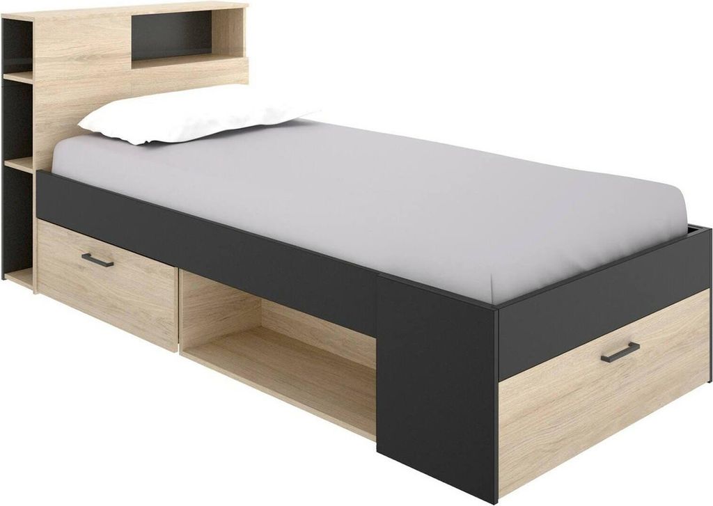 Kinderbett Dbrazã, Kinderbett für Schlafzimmer mit Kopfteil, Struktur für Einzelbett mit Schublade und Regalen, 218x99h96 cm, Eiche und Anthrazit