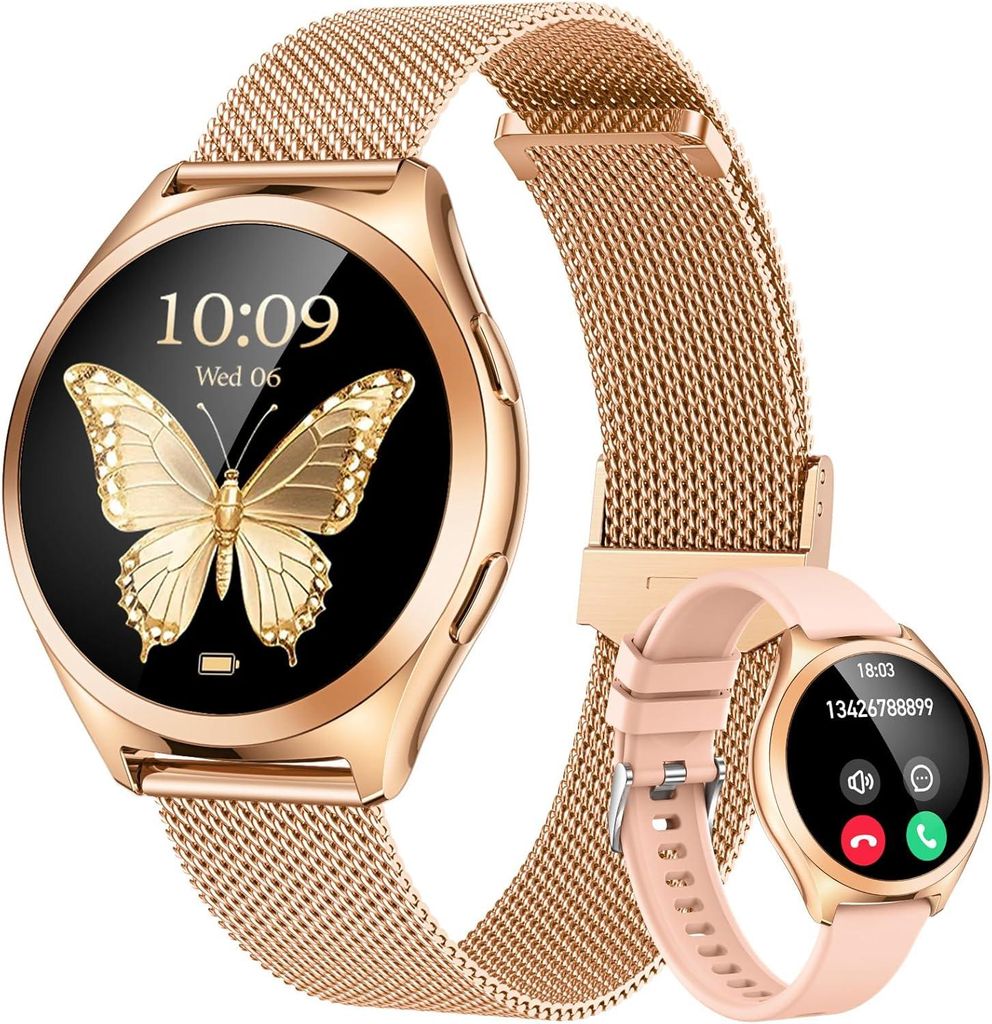 Damen Smartwatch rund mit Metallarmband 1.27 Zoll Fitnessuhr mit Telefonfunktion Herzfrequenz Blutdruck Schlafmonitor Schrittzähler IP68