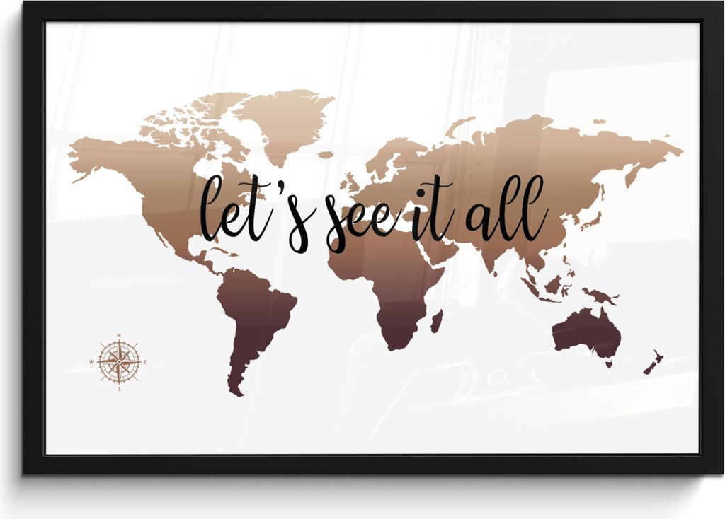 MuchoWow MuchoWow Gerahmtes Poster Weltkarte - Braun - Kompass 60x40 cm - Poster mit zchwarzem Bilderrahmen - Printing - Wanddeko Schlafzimmer