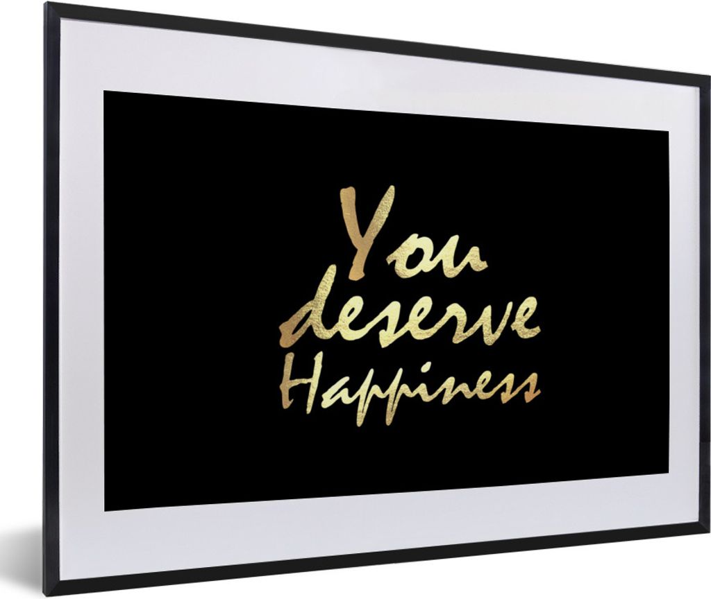 MuchoWow Gerahmtes Poster Zitate - Glücklich - Gold - Schwarz 60x40 cm - Poster mit Schwarzem Bilderrahmen Wandposter Rahmen Foto Bilder - Schla...
