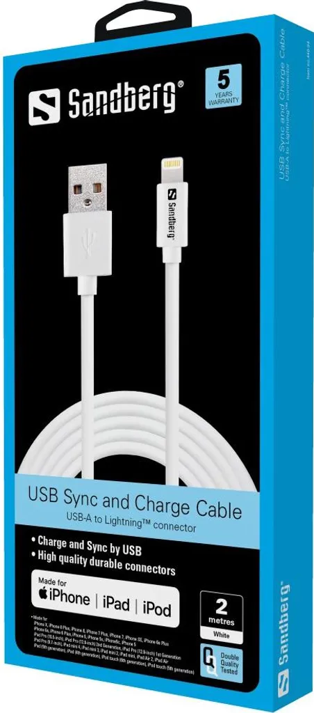 Câble Sandberg USB vers Lightning 2m certifié Apple MFi pour iPhone
