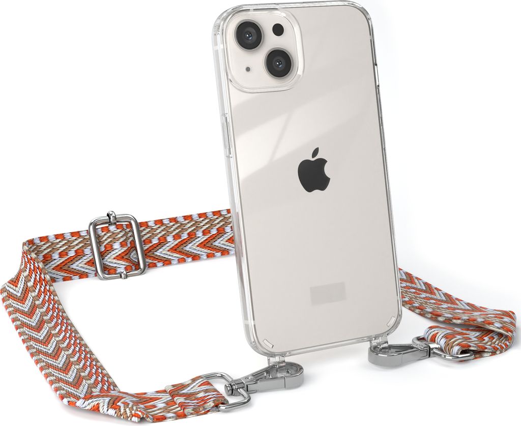 EAZY CASE Handykette - Verstellbarer Trageriemen kompatibel mit Apple iPhone 13, Handykordel mit transparenter Silikon-Hülle, Band in Orange