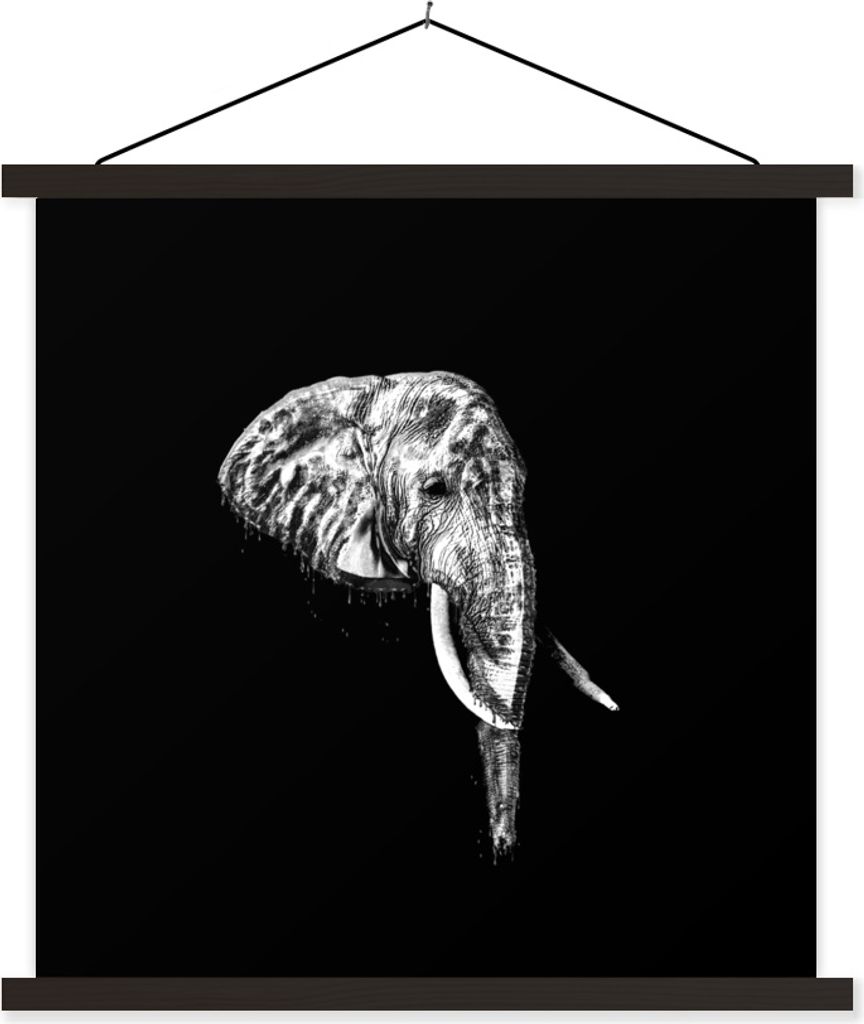 MuchoWow Textilposter Elefant - Zähne - Schwarz - Weiß 90x90 cm mit schwarzem Rahmen - Magnetisches