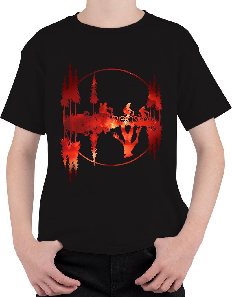 Mountainbike Wald Feuer Spiegelung Stranger Demogorgon Retro Geschenk Uni Kinder T-Shirt, Schwarz, 152