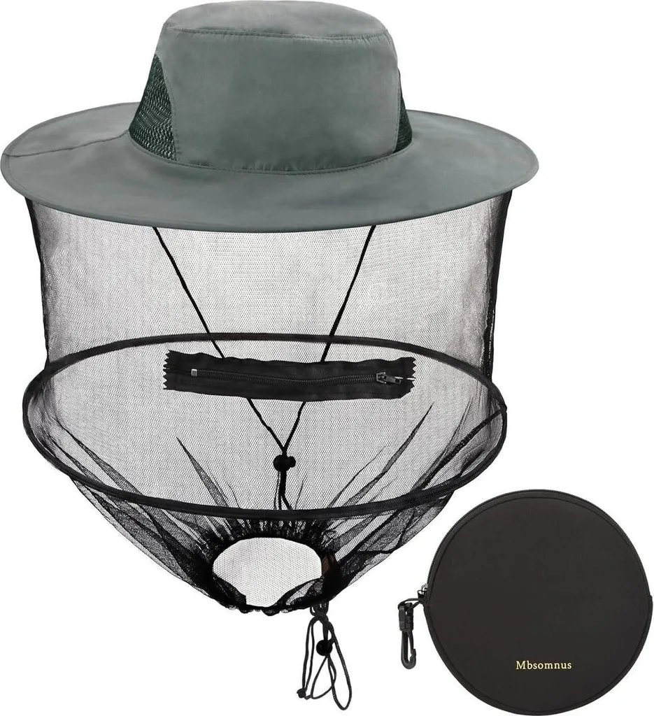 Chapeau de pêcheur anti-insectes gris avec voile de protection intégré
