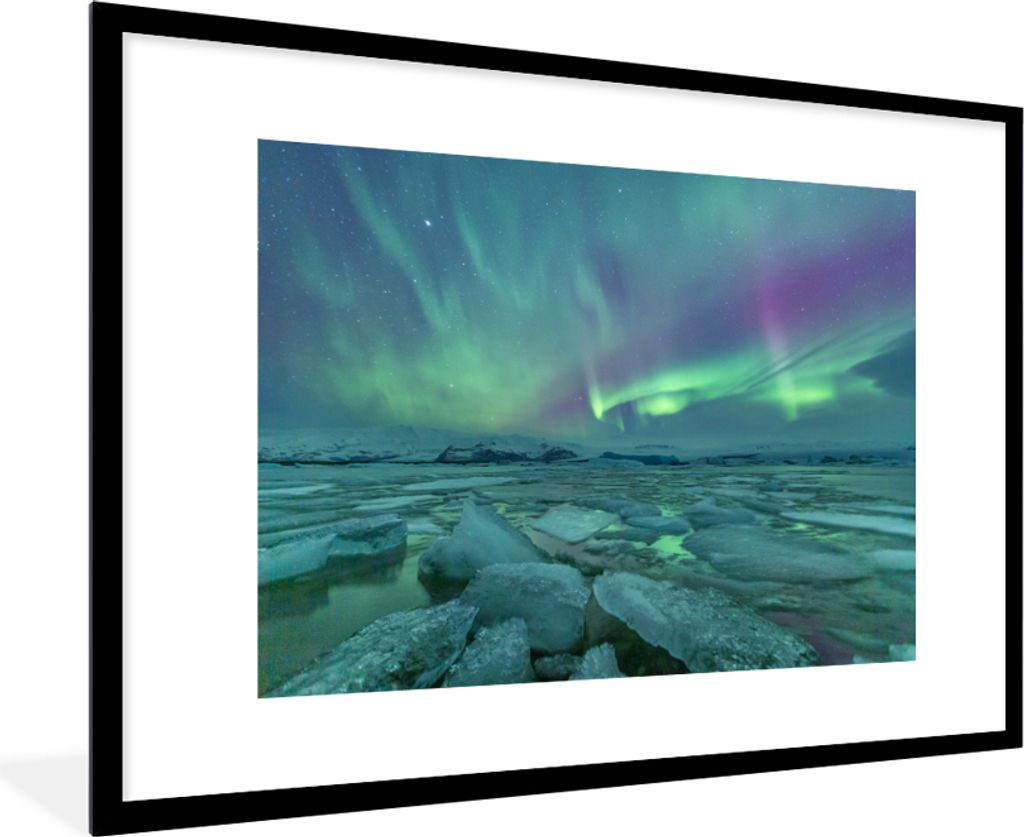 MuchoWow MuchoWow Gerahmtes Poster Nordlichter - Eis - Island 90x60 cm - Poster mit zchwarzem Bilderrahmen - Wanddekoration - Fotos