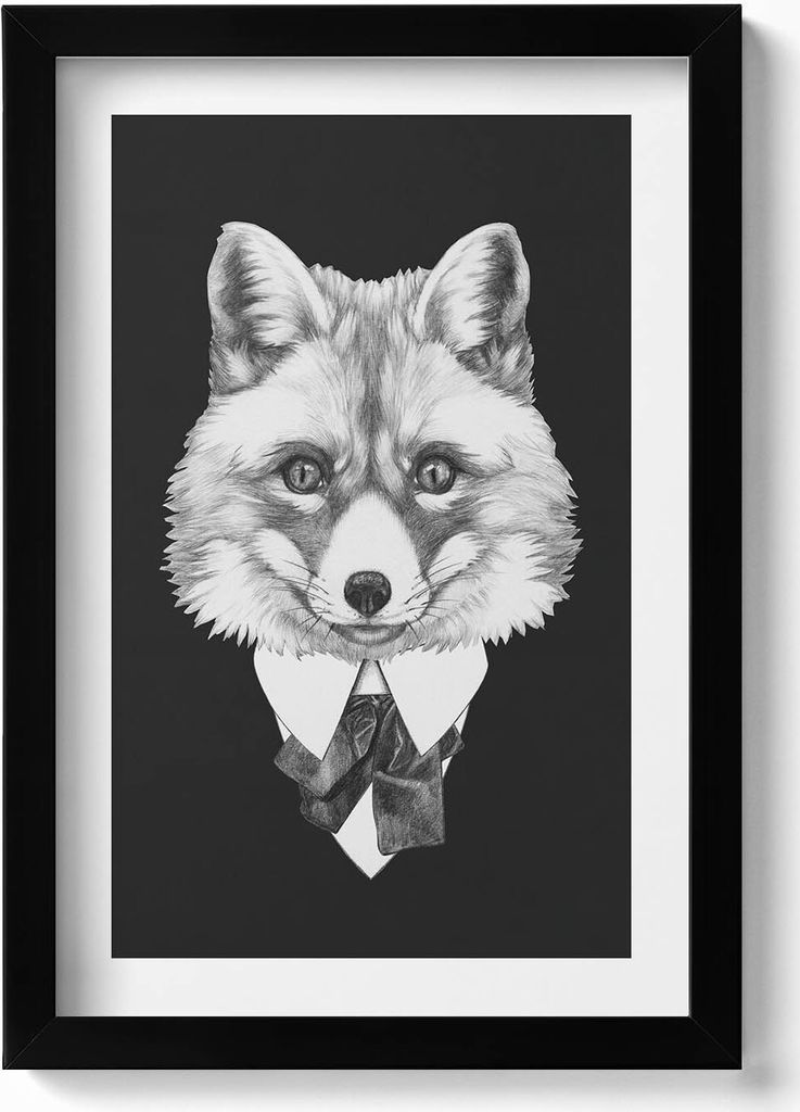 Illustration eines Fuchskopfes– Wandbild mit Rahmen – Gerahmtes Bild – Wanddekoration – 20x30 cm – Schwarz