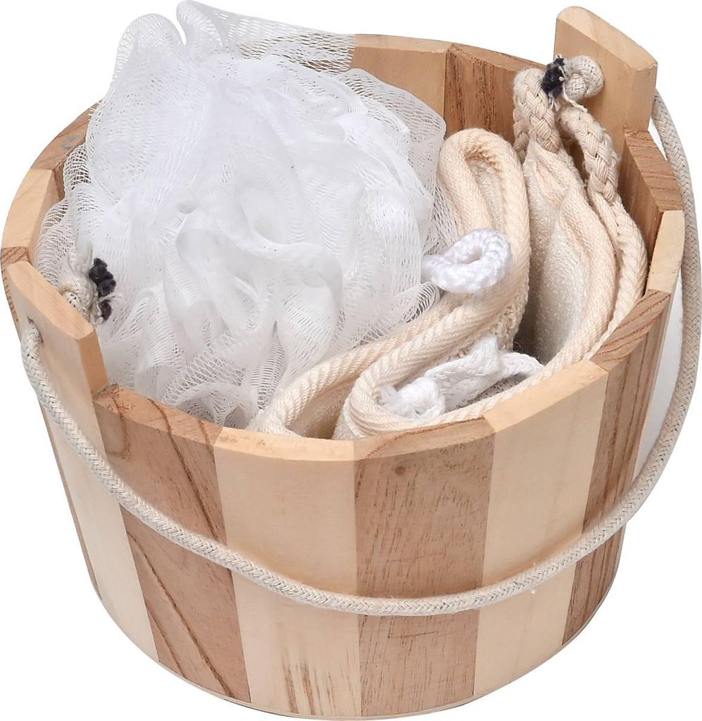 Holzkiste mit badeblume, bimsstein, herzform, massageschleife - natürlich - Tendance