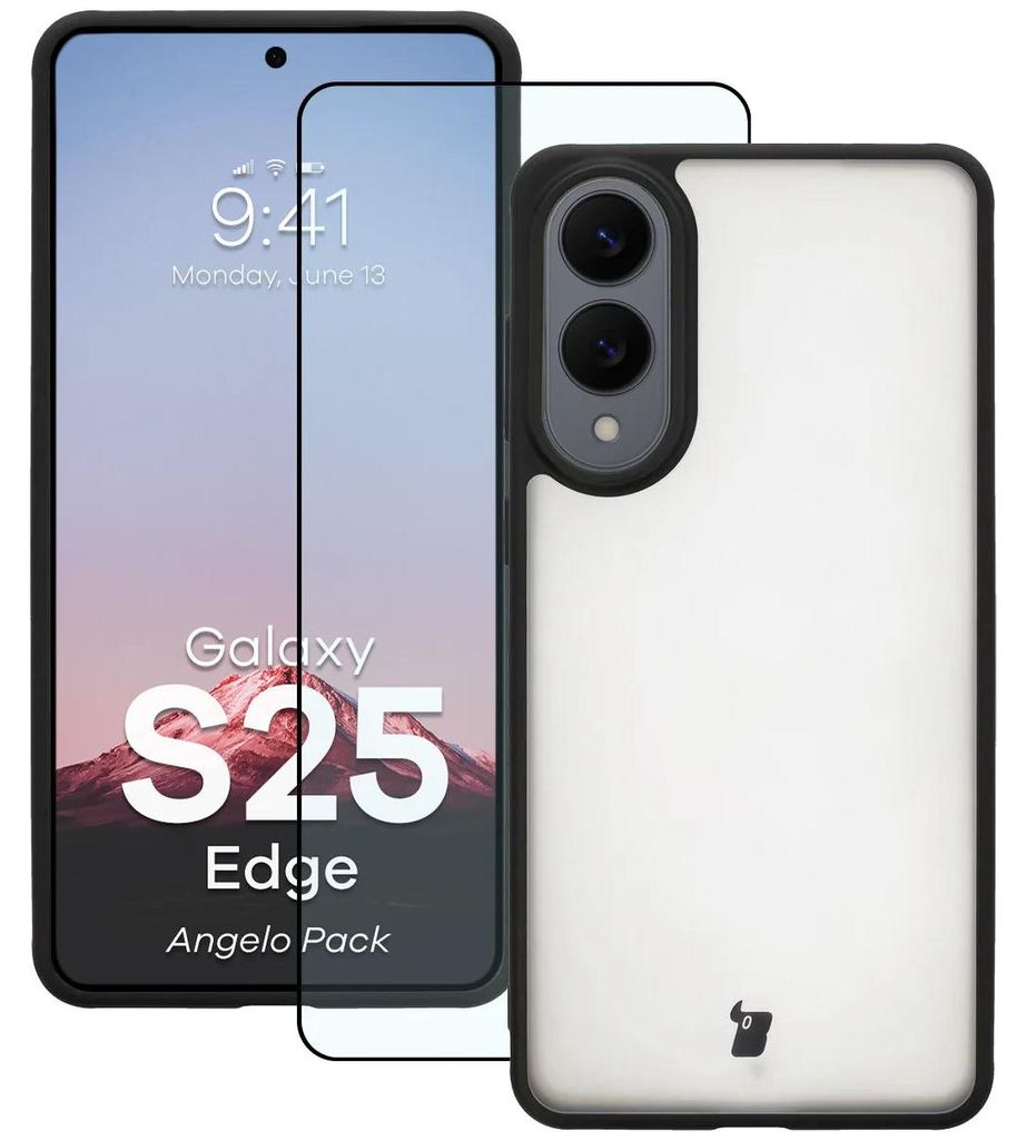 Schutzhülle + gehärtetem Glas Bizon Angelo Pack für Galaxy S25 Edge, Getönte mit schwarzem Rahmen