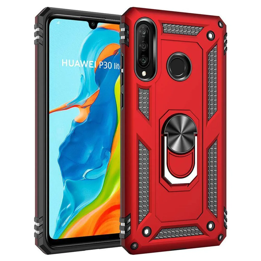 Huawei P30 Lite Custodia con anello, Dual Layer Hard PC TPU, Custodia antiurto con supporto per Huawei P30 Lite rosso