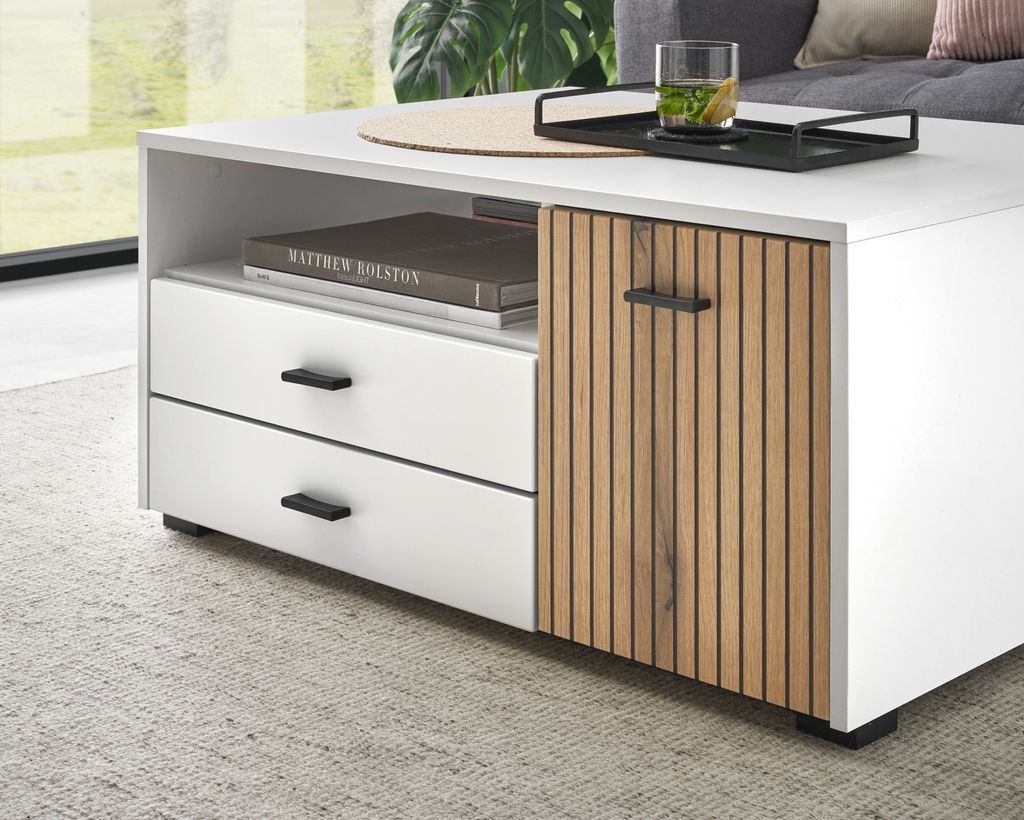 Couchtisch "Merced" Sofatisch weiß und Eiche 90 x 70 cm, mit Soft-Close und Staboptik
