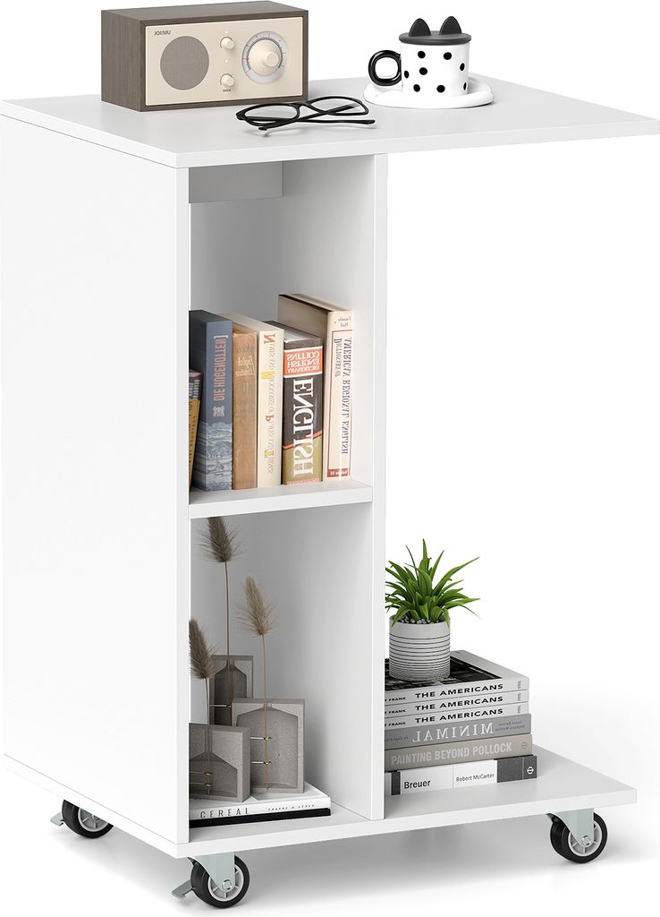 COSTWAY C-förmiger Beistelltisch, schmaler Beistelltisch mit Ablageflächen, abschließbaren Universalrollen, mobiler Nachttisch Weiß