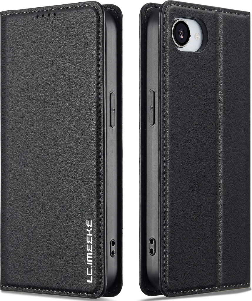 Custodia magnetica in pelle flip per iPhone 16e, con slot per schede e funzione stand Nero