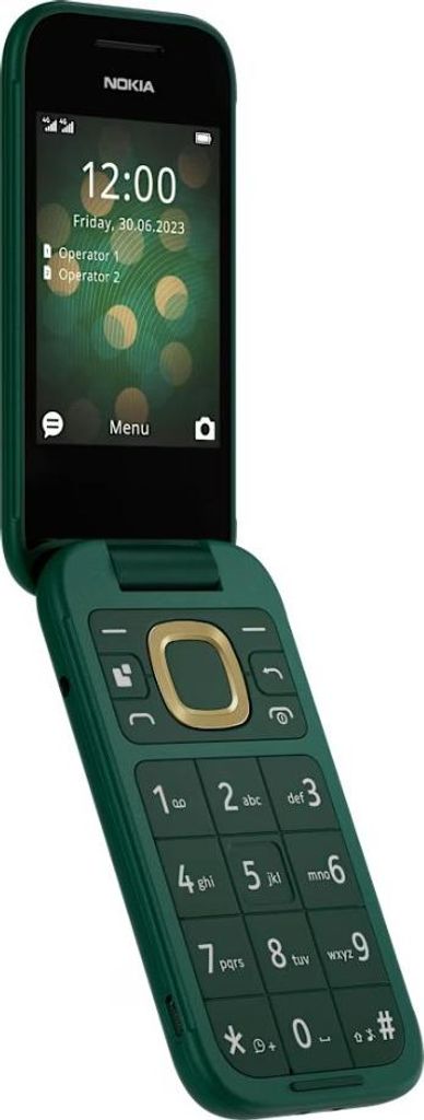 A green Nokia 2660 Flip phone is shown open and angled.