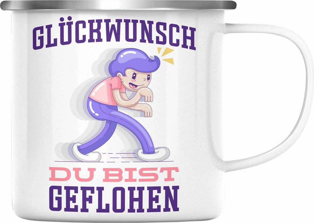 Trendation - Glückwunsch Du Bist Geflohen Emaille Tasse Jobwechsel Abschied Abschiedsgeschenk Lustiger Spruch (Silber)