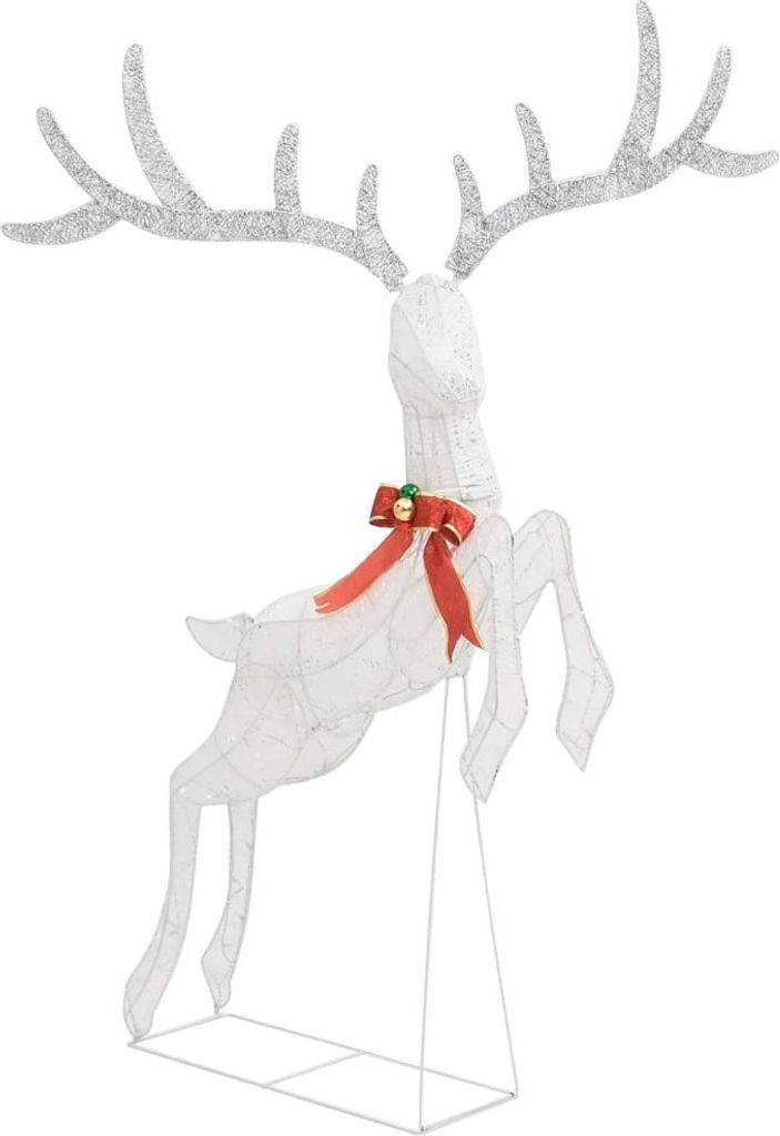 A white LED reindeer decoration with a red bow and gold bell.