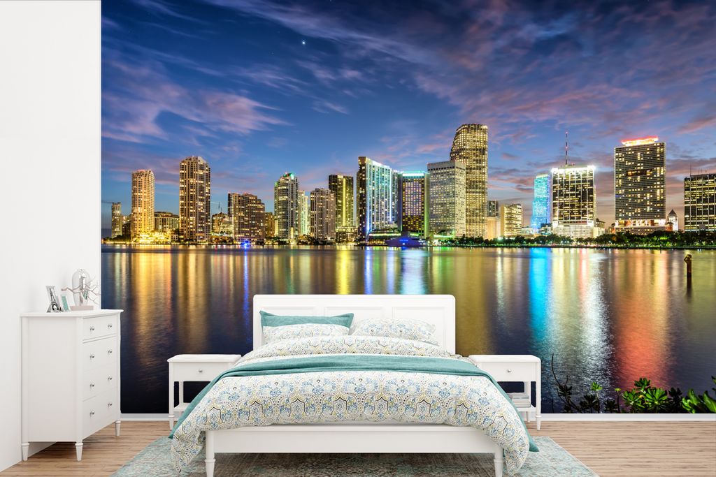 MuchoWow Fototapete für Wohnzimmer oder Schlafzimmer Wandtapete Vinyl Motivtapete Skyline von Miami - 420x280 cm - Zimmer für Kinder
