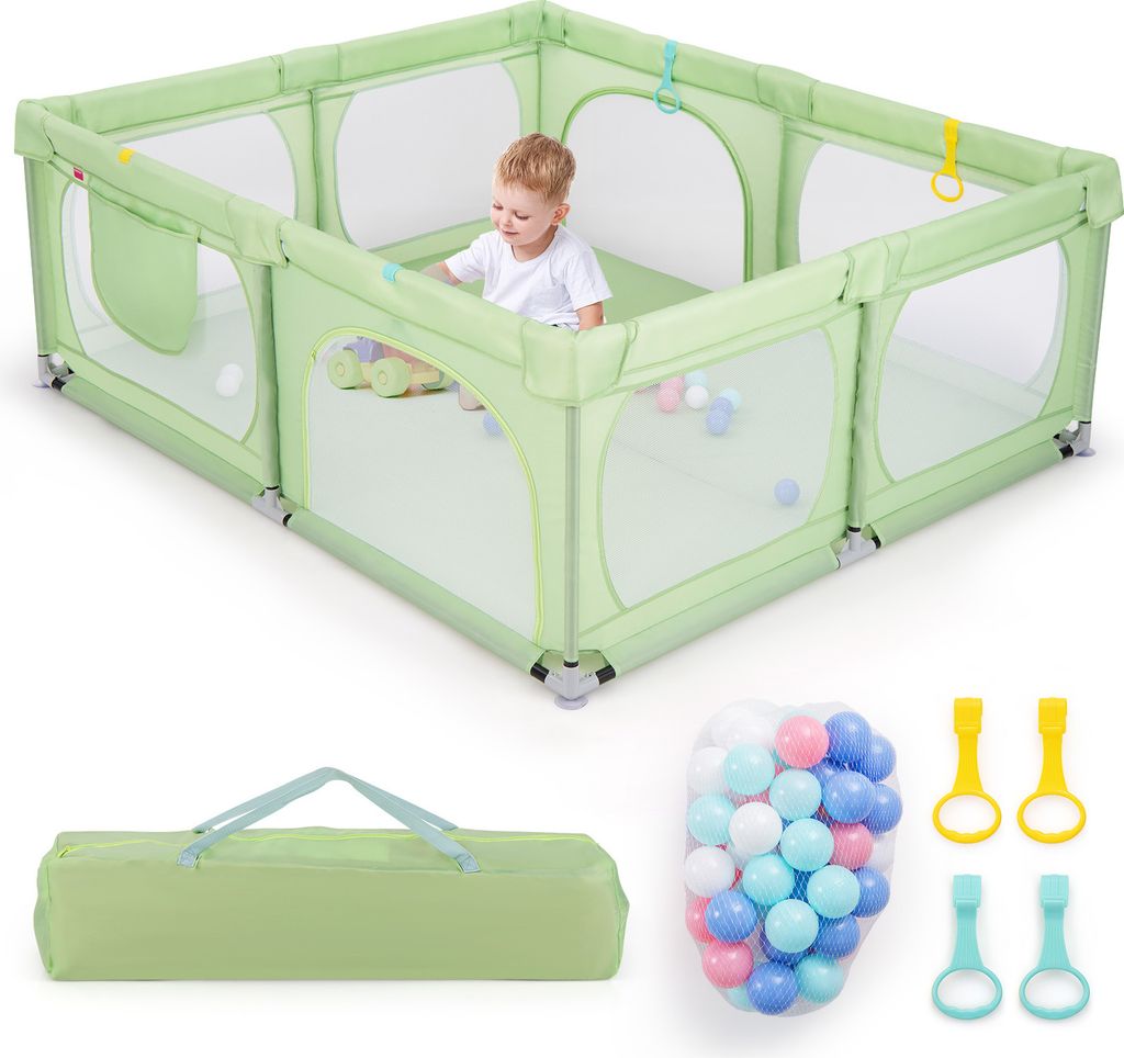 GOPLUS 189x158 cm Laufstall Baby, Laufgitter mit atmungsaktiver Netz, 4 Reißverschlusstür, Tragetasche, 50 Bällen, 4 Haltegriffen, Schutzgitter ...
