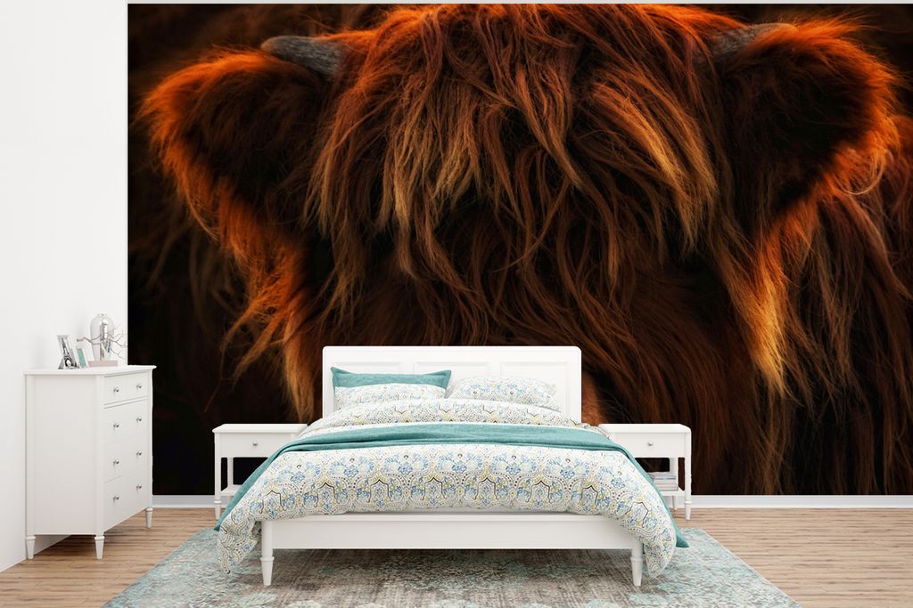 MuchoWow Fototapete für Wohnzimmer oder Schlafzimmer Wandtapete Vinyl Motivtapete Schottischer Highlander - Kuh - Schwarz - Porträt - 350x260 c...