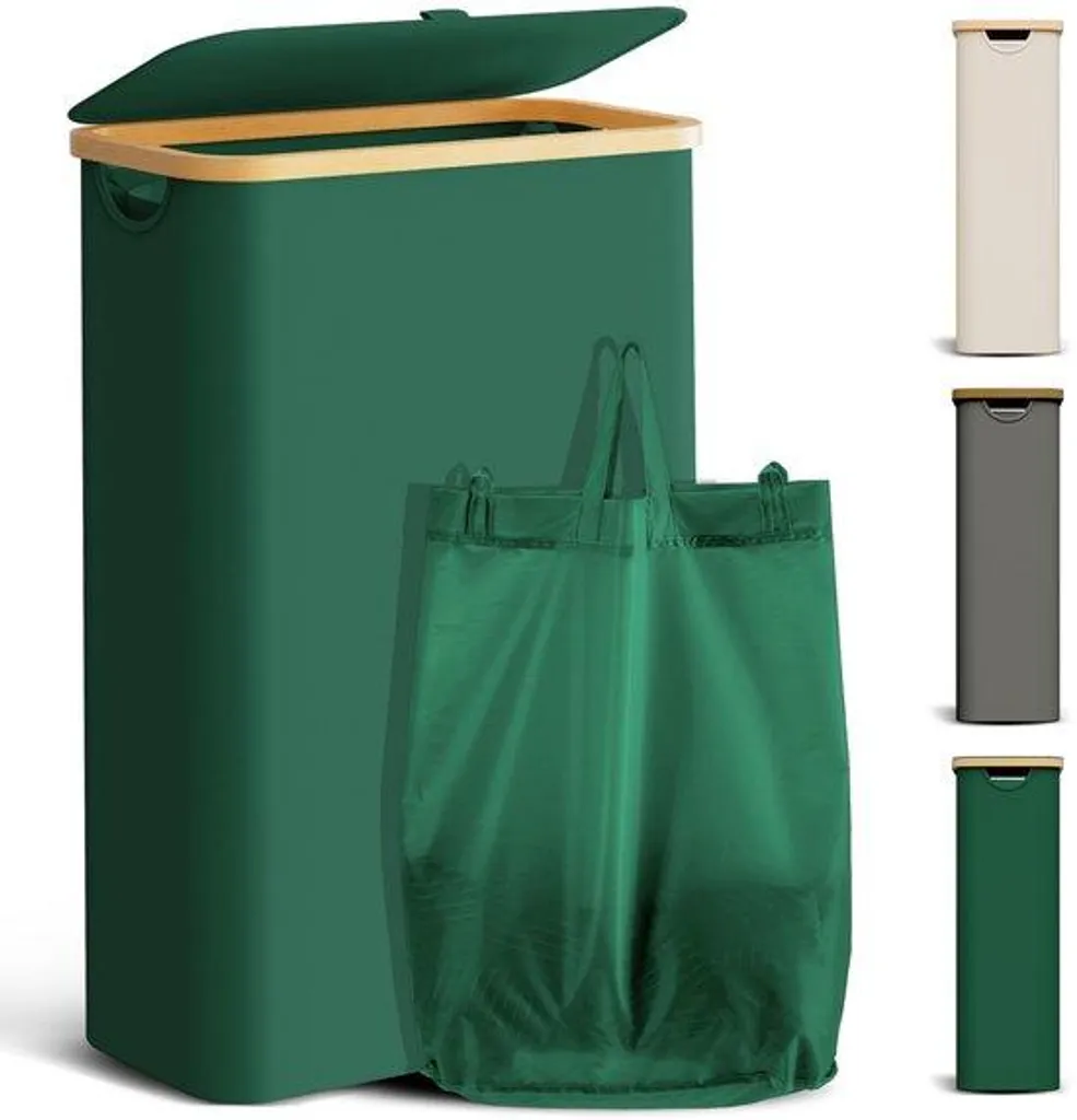 Corbeille à linge haute en bambou 48 litres vert pour salle de bain