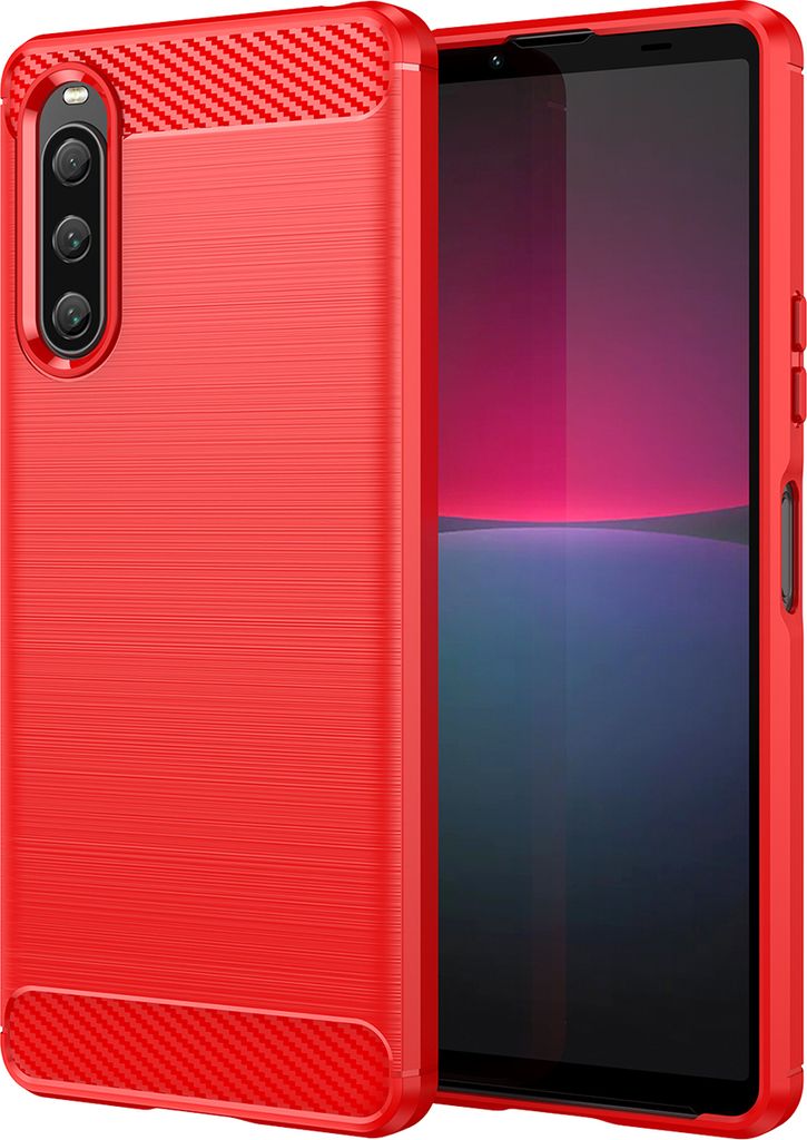 Xperia 10 V Hülle, Carbon-Faser TPU Silikon Stoßfest Schutzhülle für Sony Xperia 10 V Rot