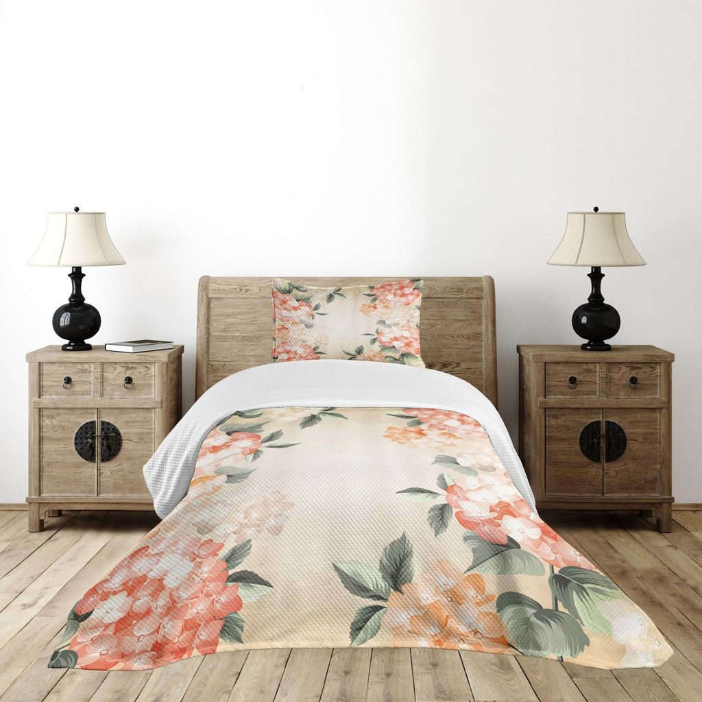 ABAKUHAUS Blumen Tagesdecke Set, Blühende Hortensie-Blumen verlässt Blumenstrauß-Weinlese-Art-Frühlings-Natur-Druck, 170 x 220 cm, Reseda Grün...