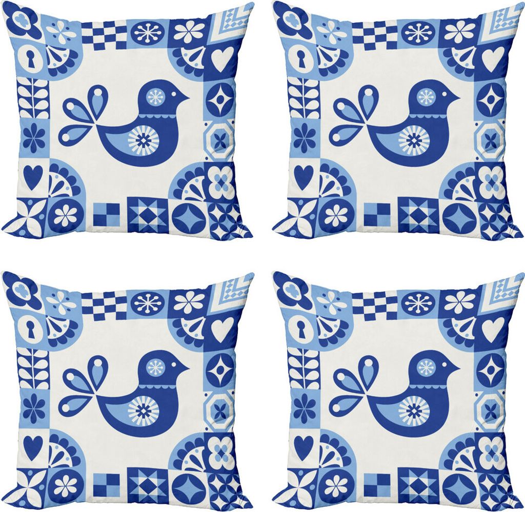 ABAKUHAUS Volkskunst Kissenbezug Set (4 Stück), Azulejo mit Vogel, Moderner Doppelseitiger Digitaldruck, 60 cm x 60 cm, Violet Azure Blau