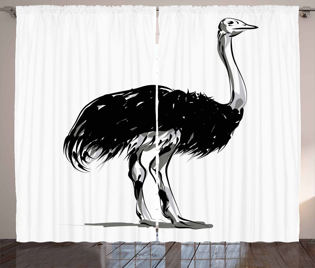 ABAKUHAUS Strauß Rustikaler Gardine, Skizze Vogel Wüste, Schlafzimmer Kräuselband Vorhang mit Schlaufen und Haken, 280 x 175 cm, Weiß Schwarz u...