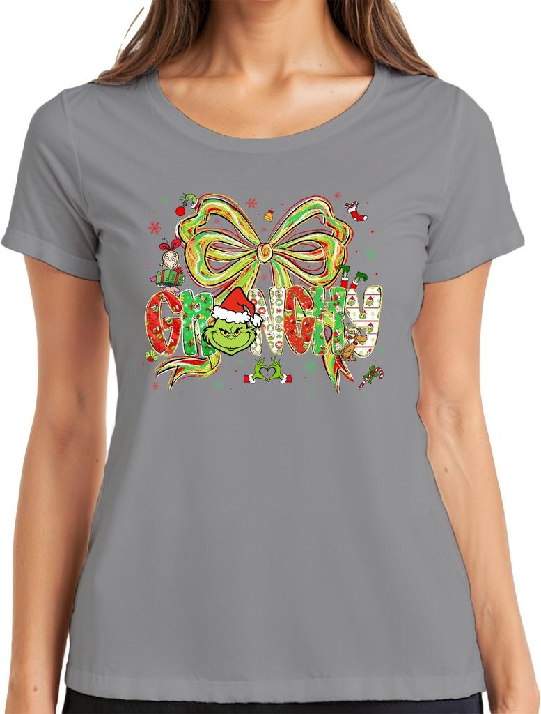 Grinchy Weihnachtsgrinch lustig Santa Schleife Geschenk Retro Damen T-Shirt, Grau, XL