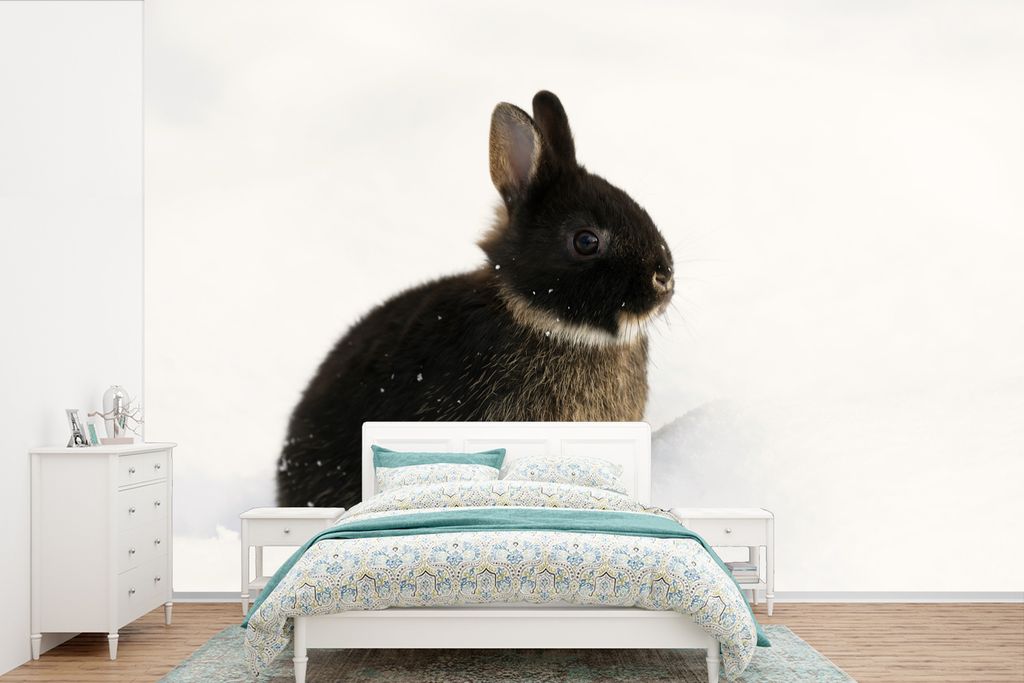 MuchoWow Fototapete für Wohnzimmer oder Schlafzimmer Wandtapete Vinyl Motivtapete Kaninchen - Schnee - Winter - 420x280 cm - Zimmer für Kinder