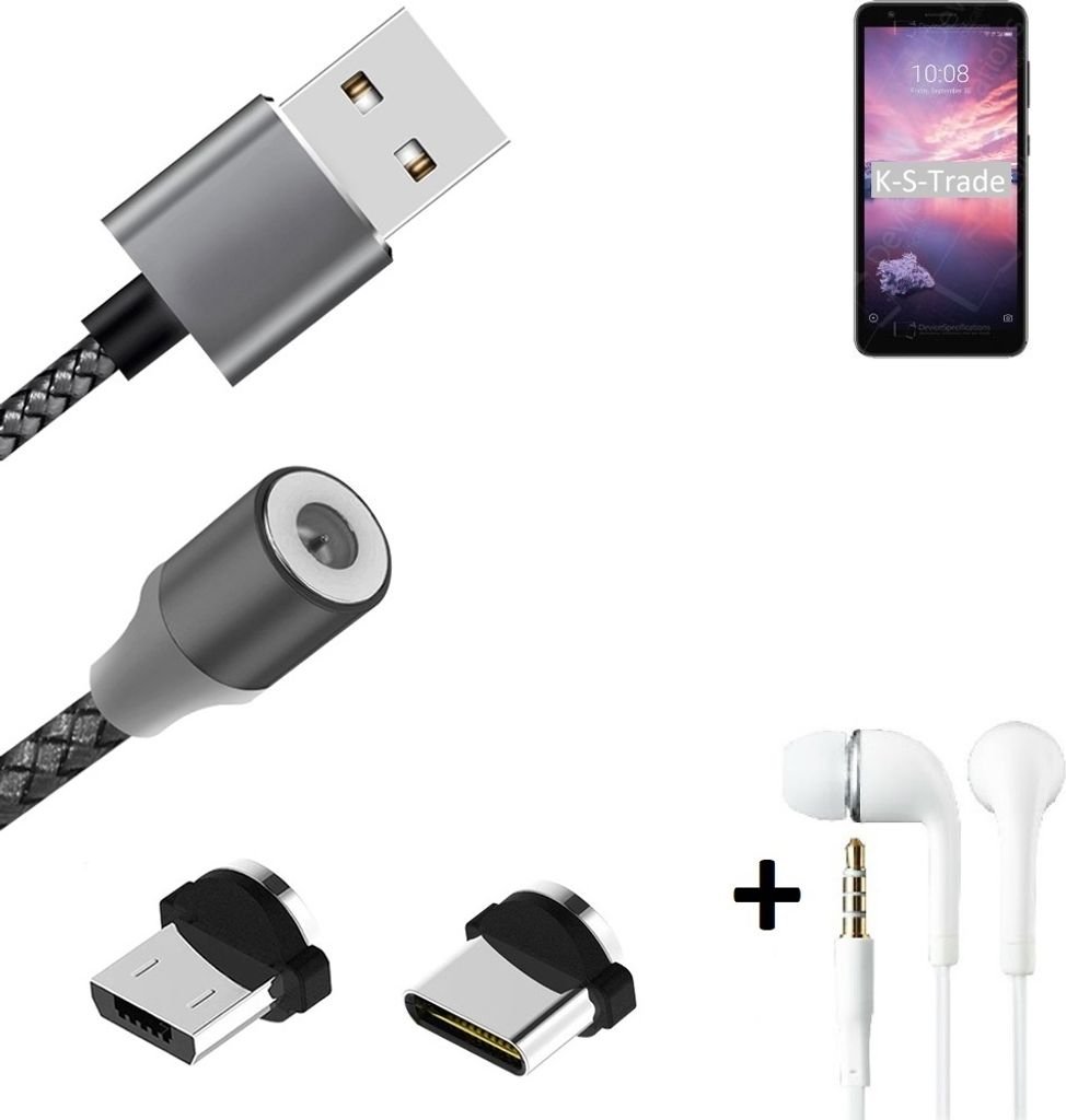K-S-Trade Hochwertiges Magnet-Lade-kabel Sync-Kabel Daten-Kabel + Kopfhörer für ZTE Blade A3 Joy mit USB-Typ-C-Anschluss und Micro-USB-Anschluss